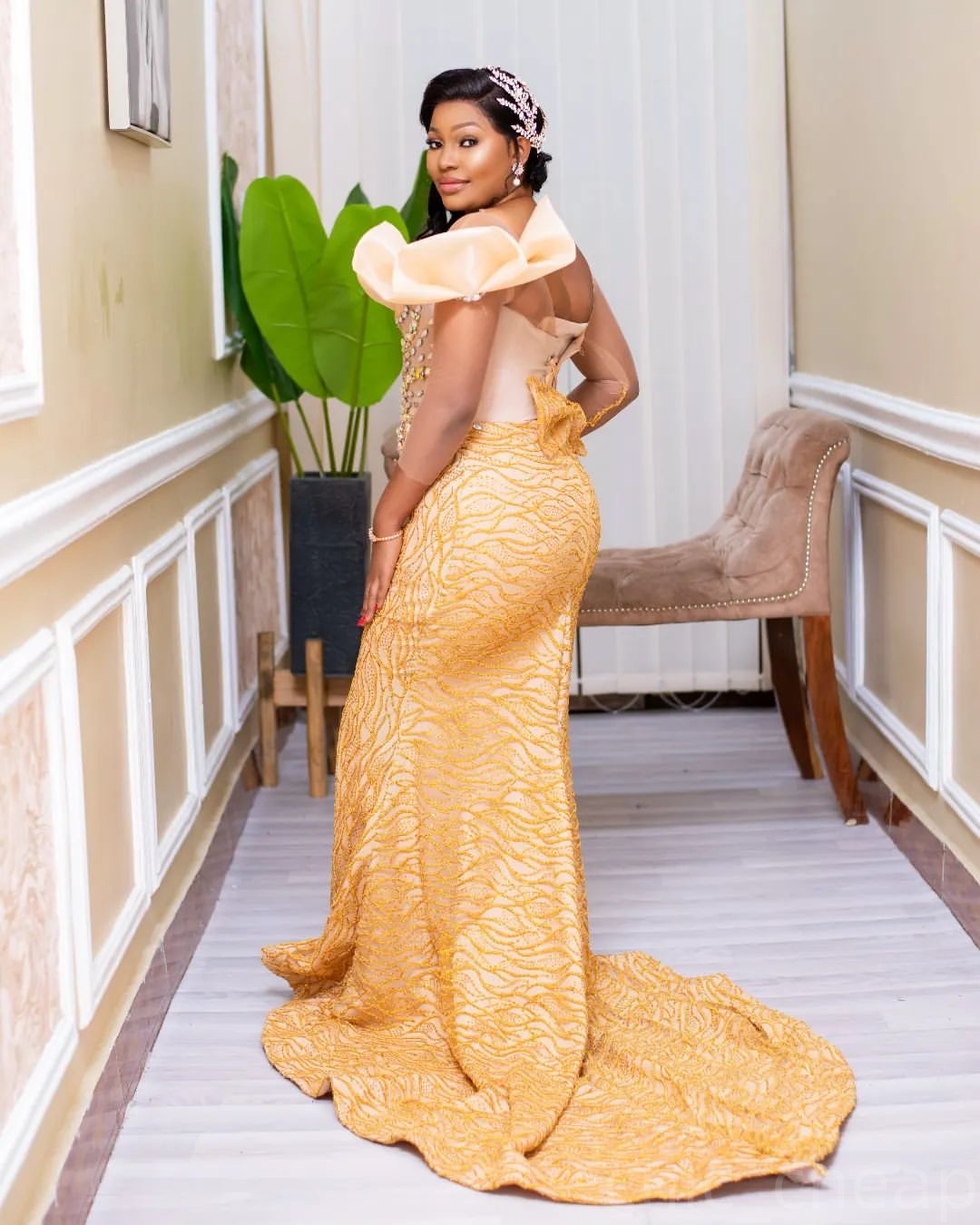 Gold Illusion Mermaid Prom Dresses 2025 Rhinestones Florals Sequined Evening Formal Party Second Birthday Engagement Gowns Plus Size Dress For Special