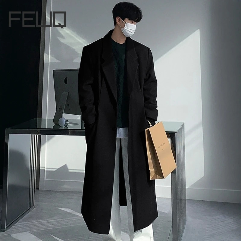 FEWQ Korean Fashion Mens Wool Coat Winter Thick Knee Length UK Trench Solid Color Mens Loose Top 24E5104 241204