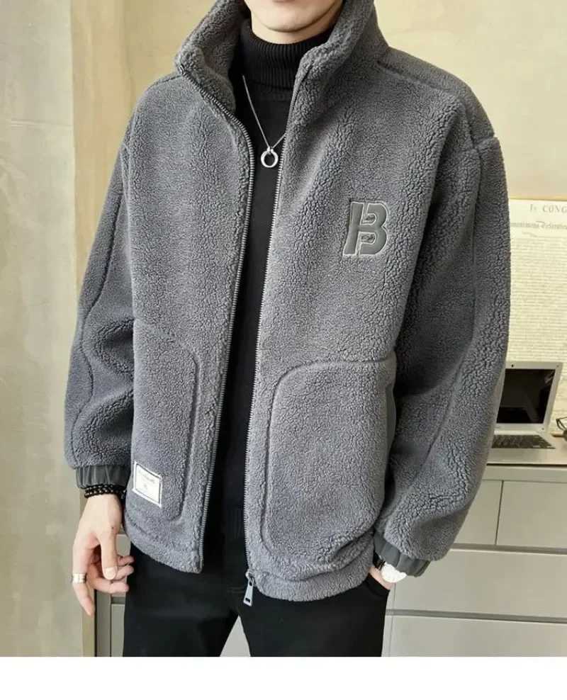Korean Fashion New Lamb Fleece Jacket Men Autumn Winter Large Size Fleece Padded Couple Trendy Brand Ins Loose Lamb Wool JacketsXJ241206