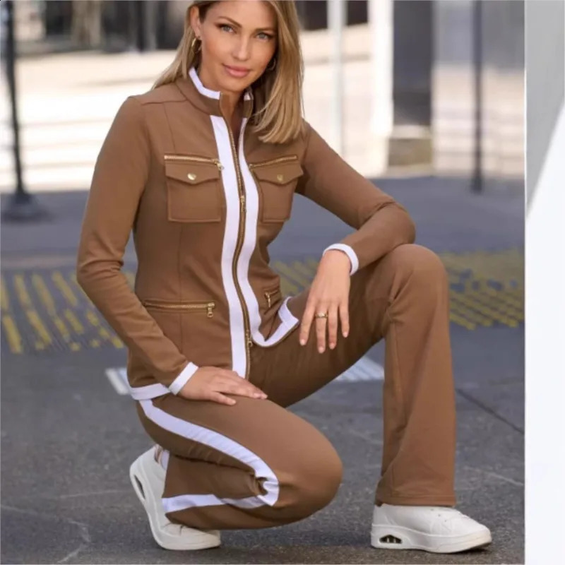 Autumn Fashion Two Pice Set Color Blocking Zipper Elegant Office Pencil Knitted Suit Casual Bodycon Pants Vestido 241205
