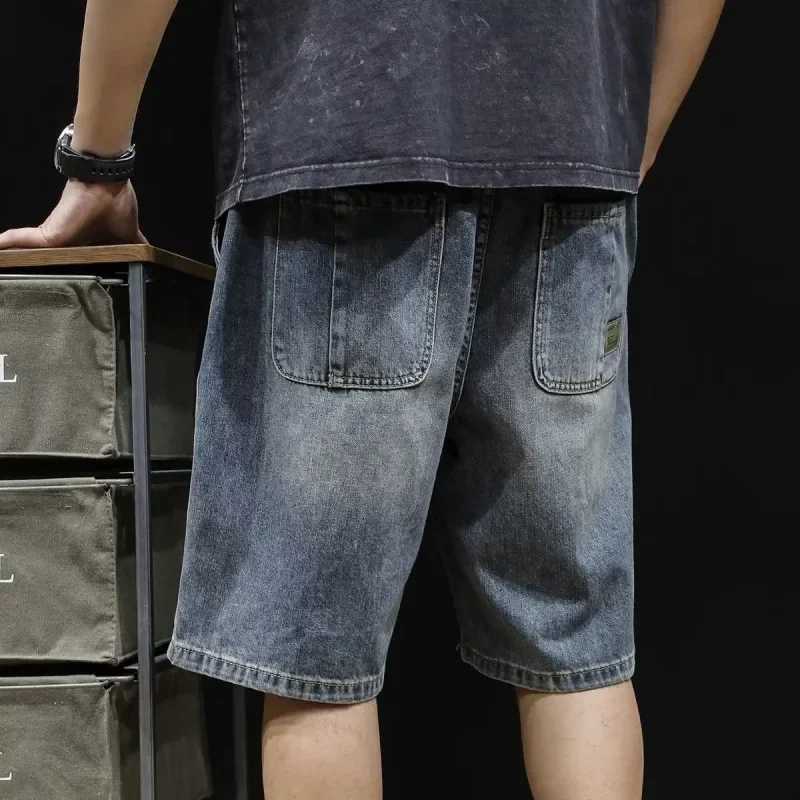 Mens Loose-fit Denim Shorts Casual Trendy Summer Fashion Light Blue Mid-length Five-minute Shorts For Men Riding BreechesXJ241206