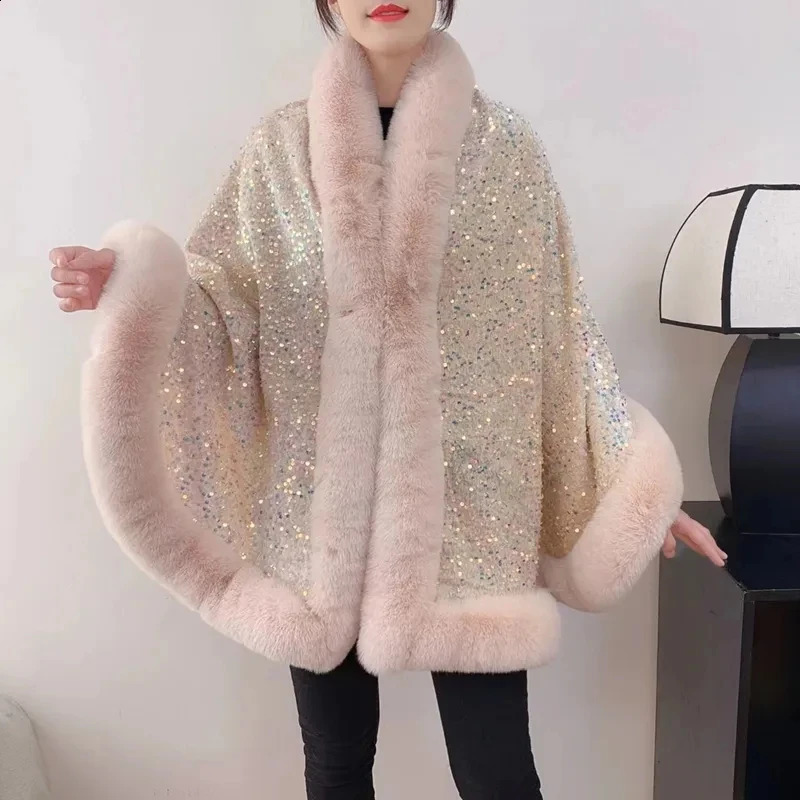 Womens Autumn Winter Fashion Sequined Cape Coat Women With Thicken Shawl Fur Collar Jacket Female Versatile Outerwear 2702 241204