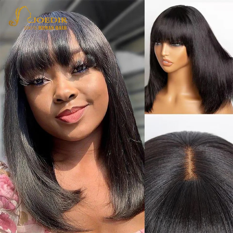 Wear and put on a human hair Bob wig with bangs realistic 180 density lace non adhesive wig short black Bob wig 241206
