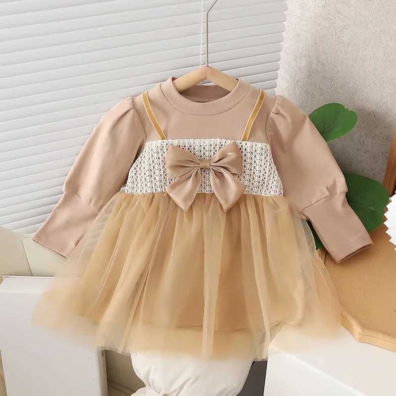 (9 Months -3 Years Old) Spring And Autumn New Fake Two Piece Baby Girl Princess Dress Sweet Bow ChildrenS Long Sleeve ClothesXJ241206
