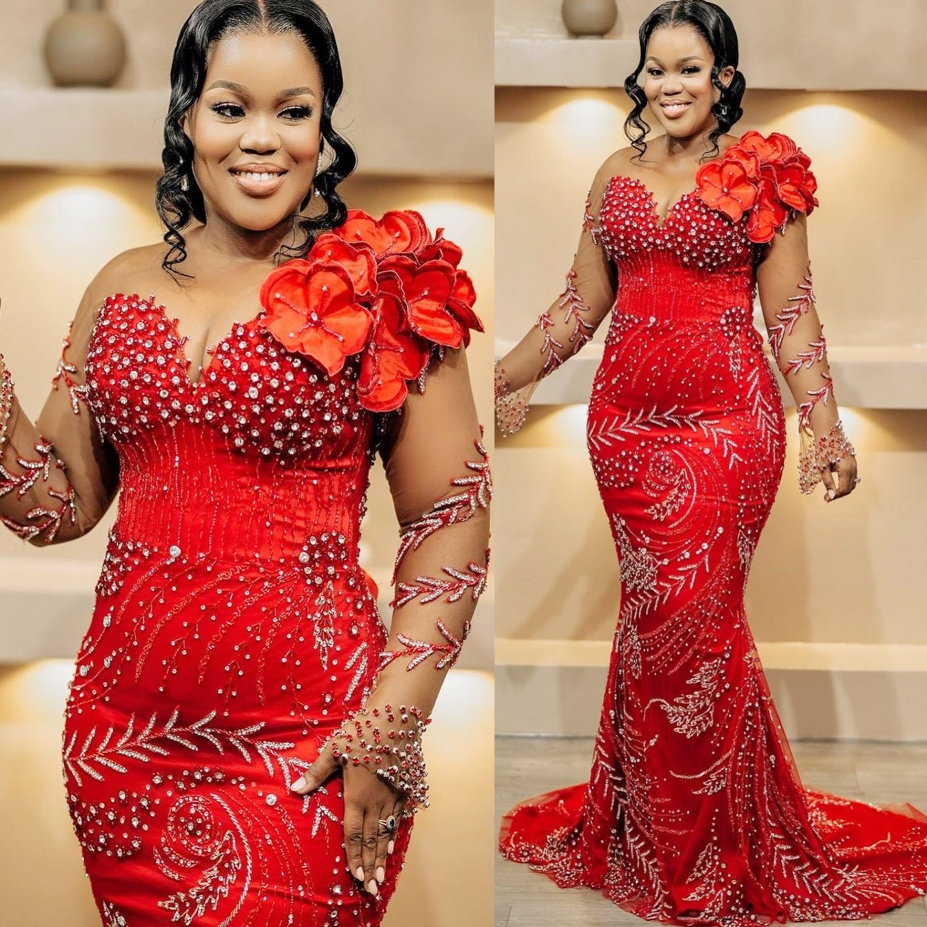 Red Mermaid Prom Dresses 2025 Flowers Rhinestones Full Sleeves Lace Evening Formal Party Second Birthday Engagement Gowns Plus Size Dress For Special 
