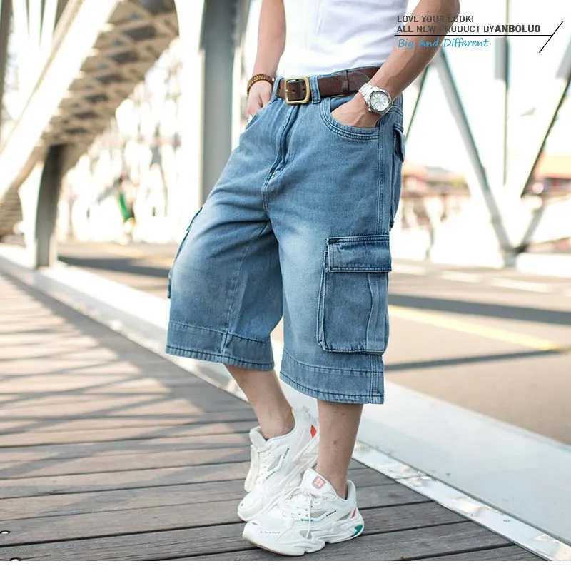 Mcikkny Vintage Mens Cargo Summer Denim Shorts Multi Pockets Blue Straight Short Jeans For Male Plus Size 30-46XJ241206
