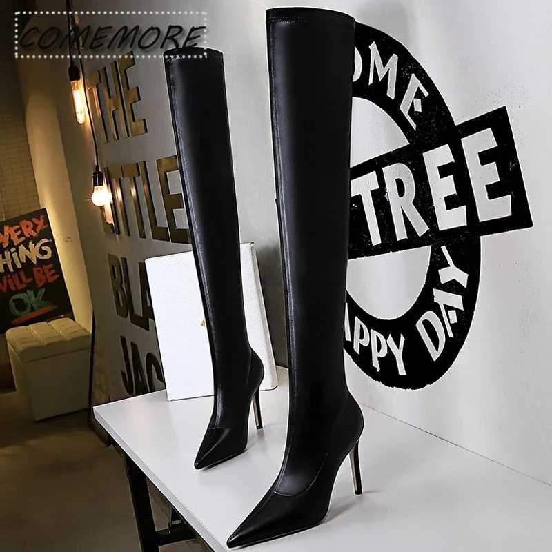High Quality Classic slim high heels sexy knee high boots black leather Wans sexy thin high heels winter Lg boots Plus size 43 T241206