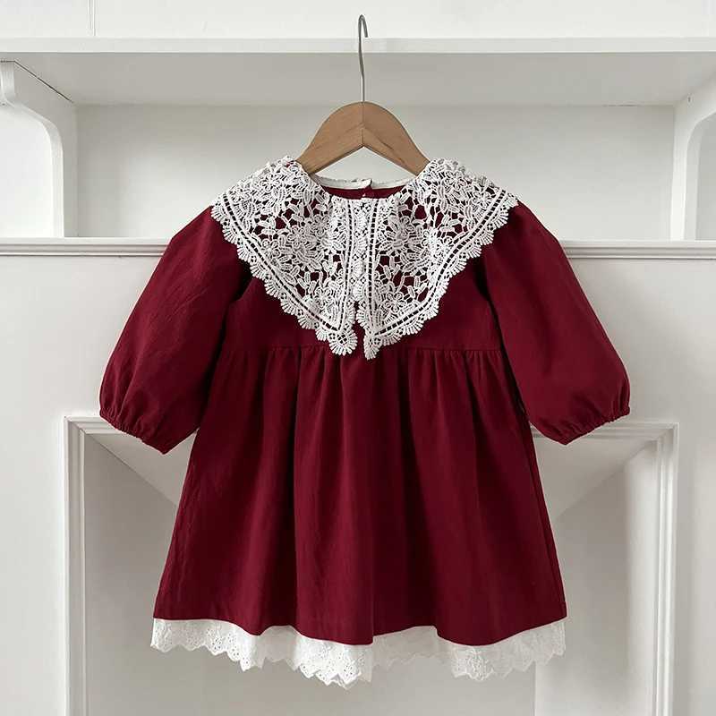 Sprint Autumn Children Dress Girl Lace Collar Dress Long Sleeve Rural Princess Clothing Toddler Casual Outdoor Korean ClothesXJ241206