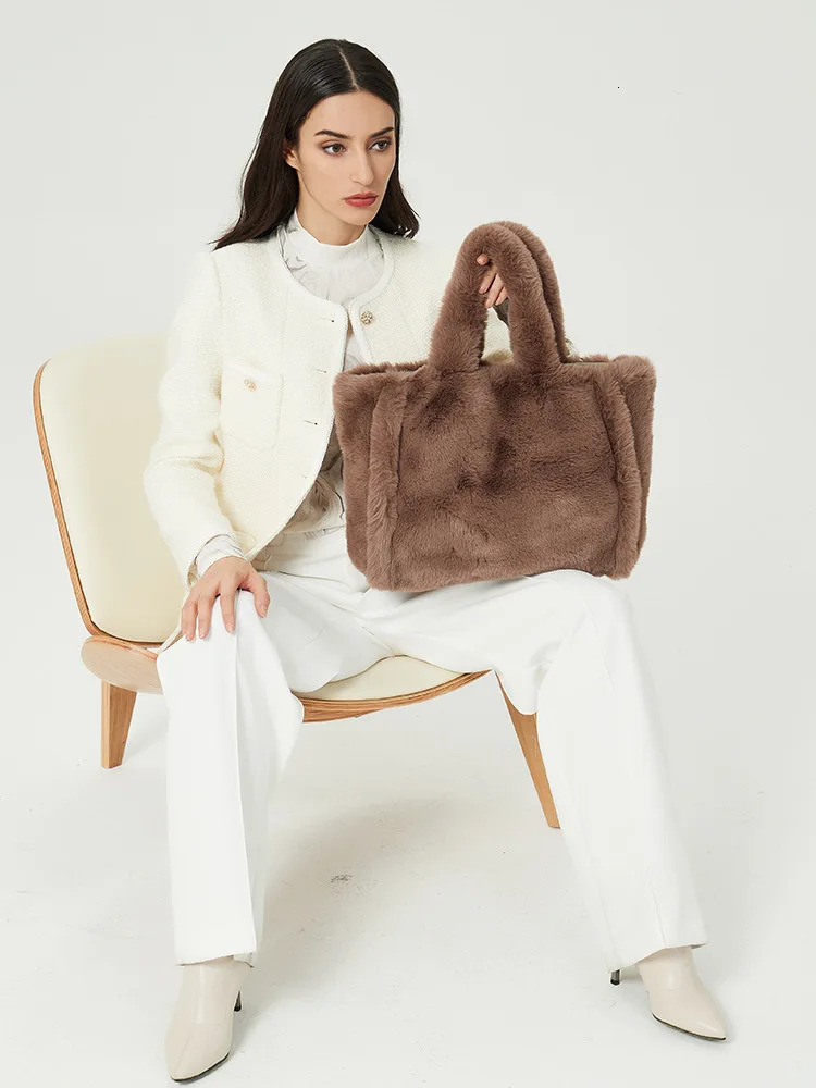 Winter Faux Fur Handbag ed Simple Stylish Large Tote Soft Women Shoulder Bag Phone Purses Work Bag 241206