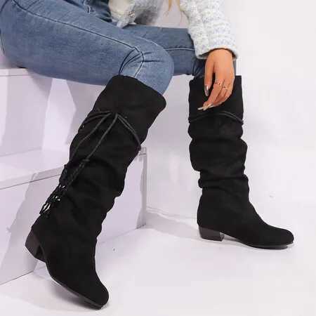 High Quality New Bun Knee Boots 3cm Square Heel Wrinkle Round Toe and Suede Black Almond Casual Large Size 44 45 46 47 T241206