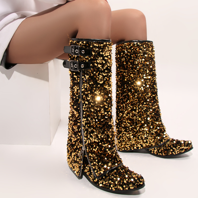 Bright Shiny Blue Women's Mid Calf Women Trouser Boots Slip On Catwalk Shoes