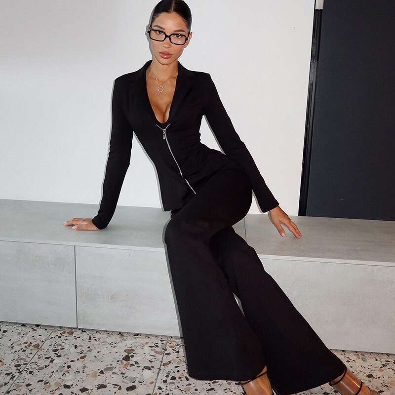 Black 2-Piece Set Women's Autumn Solid Long Sleeve Lapel Zipper Top Slim Elegant Pants Suit Outfits Y2k