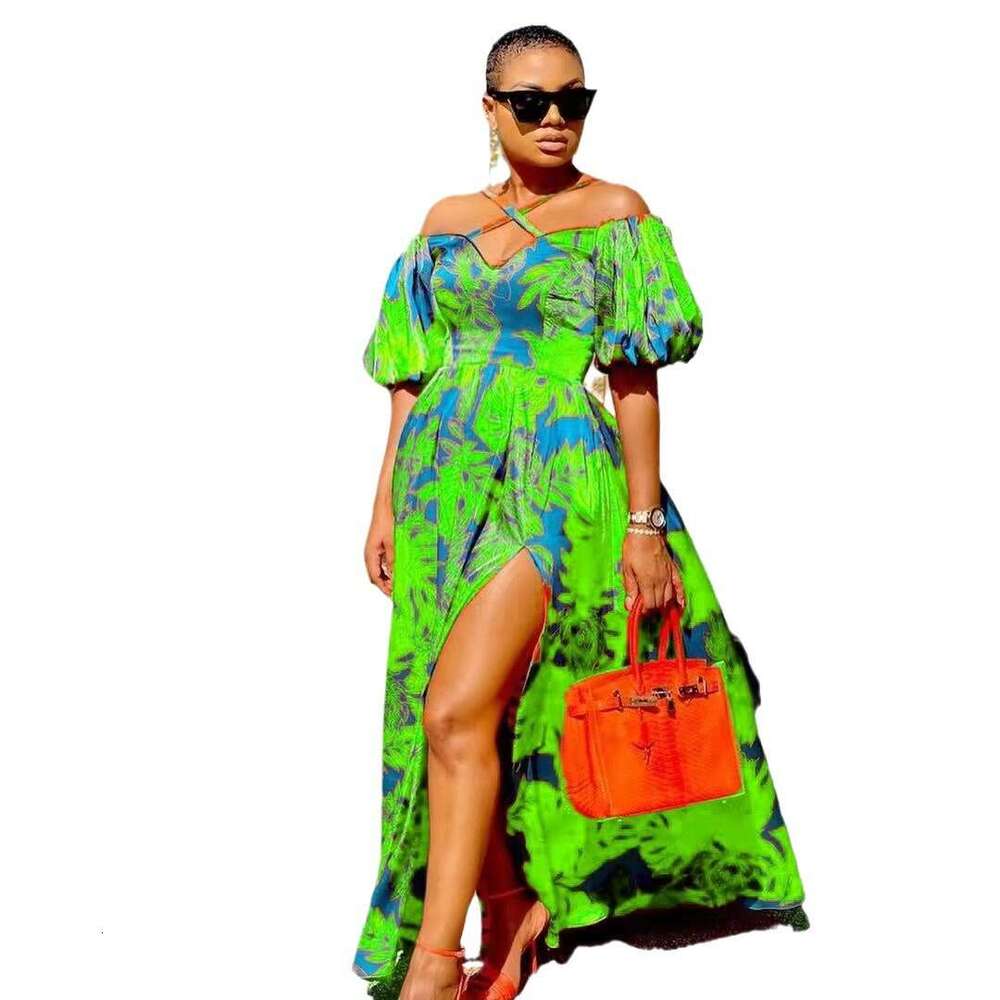 spring/summer European and American women's dress with printed slit, strapless, hanging neck, V-neck long skirt, 2024 versatile temperament, new 