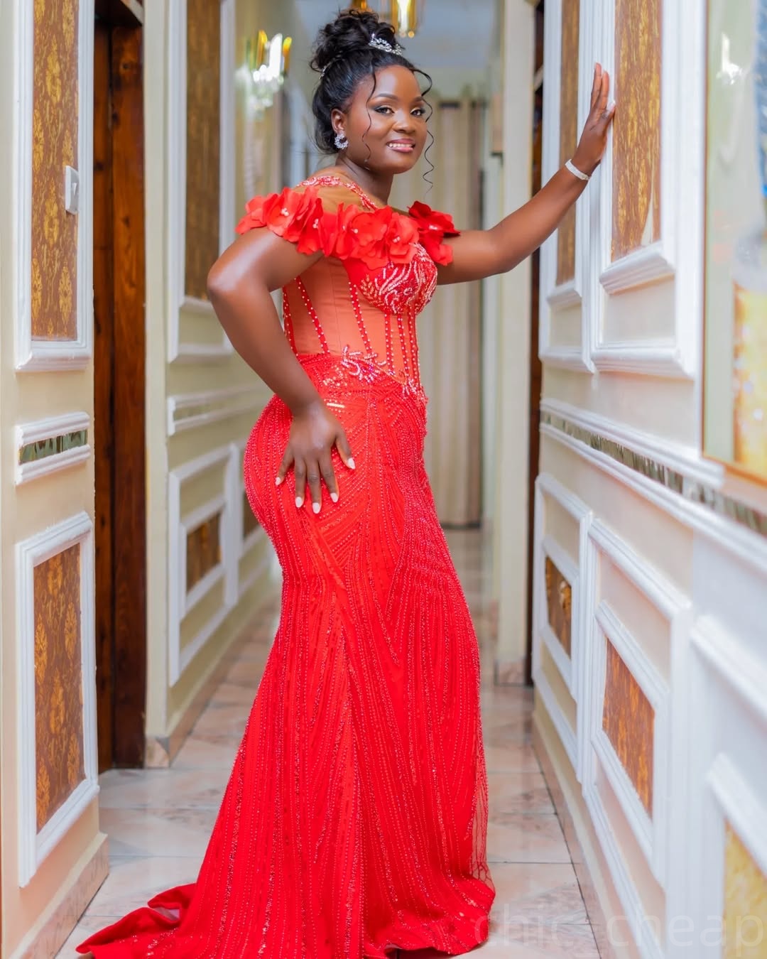 Red Mermaid Prom Dresses 2025 Flowers Beaded Sequined Lace Evening Formal Party Second Birthday Engagement Gowns Plus Size Dress For Special Occasions