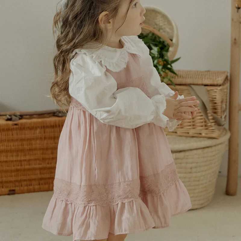 Girls Casual Dresses Spring Korea Girls Children Clothing Solid Color French Cotton Lace Vest 2024 Round Collar SimpleXJ241206