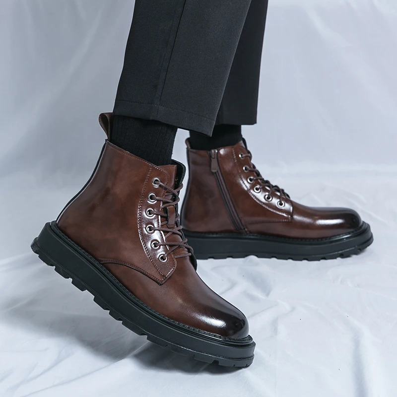 Winter Mens Motorcycle Boots Shiny Lace Up Round Toe Short Boots Waterproof Non Slip Denim Boots Formal High Top Leather Shoes 241206