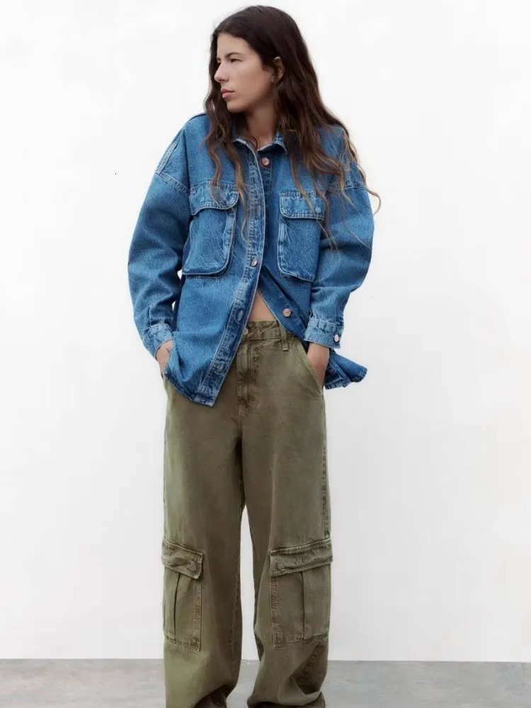 Blue loose denim shirt n with patch pockets set vintage washed casual lapel short jacket 241206