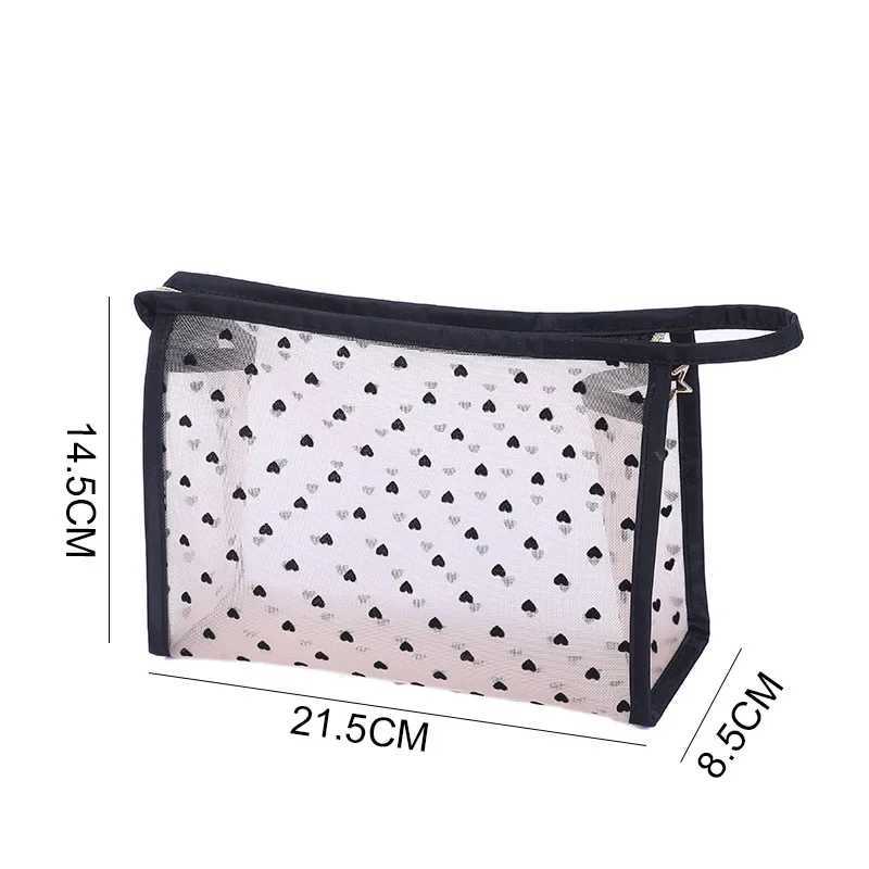 Mesh Cosmetic Makeup Bags Case Holder Cute Transparent Zipper Black Heart Printed Pencil Pen Case Pouch Cvenient To CarryXJ241206