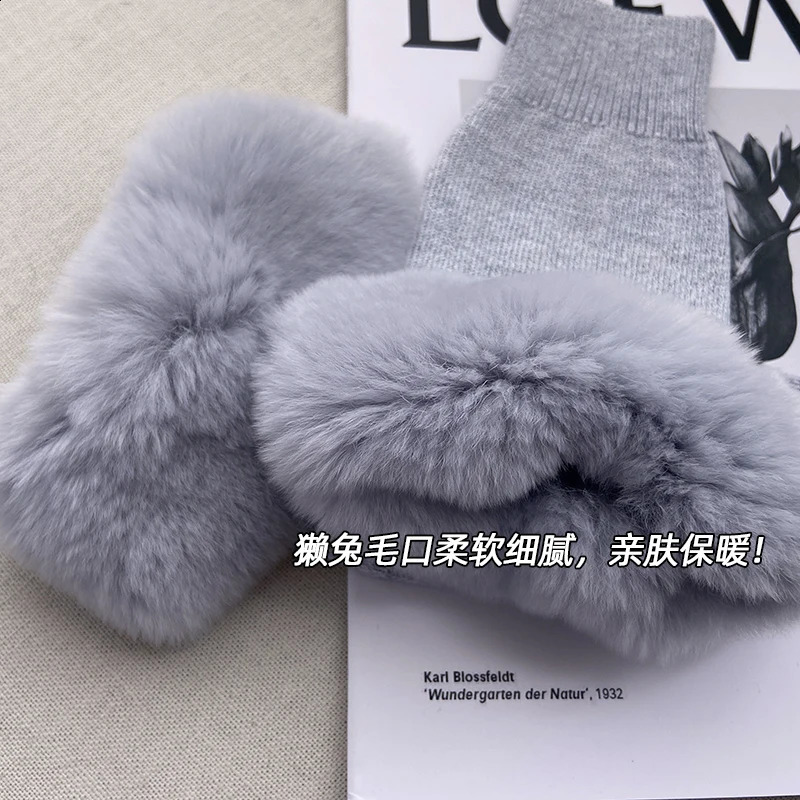 ZDFURS * Rex Rabbit Fur Knitted Gloves Womens Winter Korean Ins Cute Open Finger Fur Shining Fur Half Finger Warm Gloves 241206