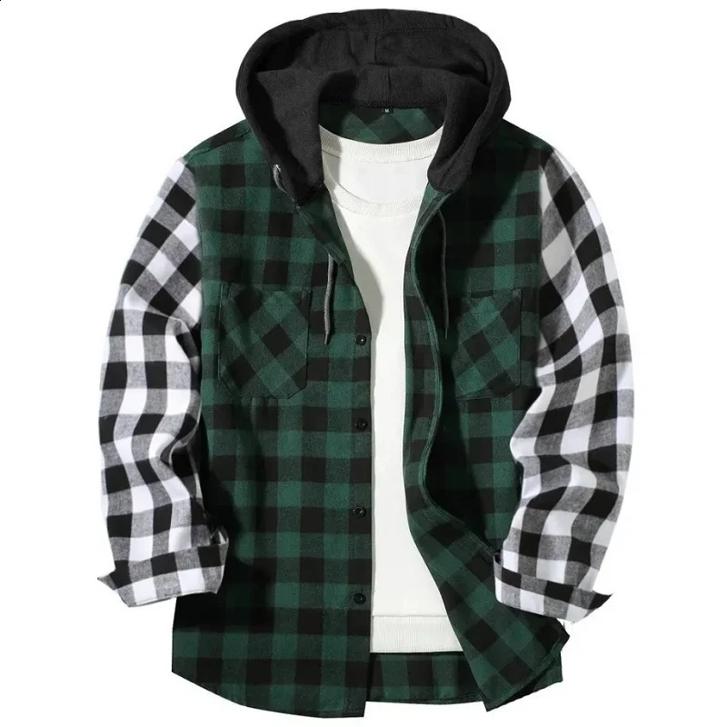 Mens hoodie plain weave patchwork color casual button long sleeved double pocket shirt hoodie flannel jacket spring and autumn top 241205