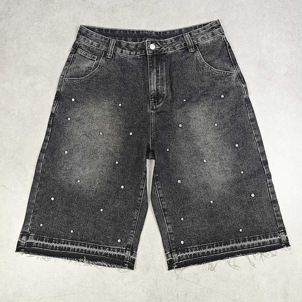 PEERAGE Y2k Retro Rhinestone Washed Wide Leg Baggy Long Jorts Men Streetwear Oversized Frayed Black Grey Loose Denim Jean ShortsXJ241206