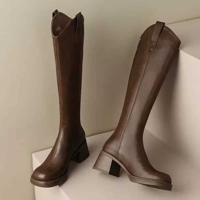 High Quality Fem new knee high Wens boots classic modern boots with stitching circular heel thick zipper H shoes for women T241206