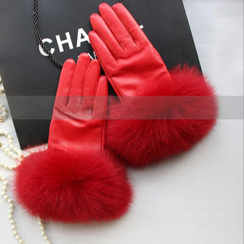 leather gloves with real fox fur womens fashion winter red hands warm black gloves driving mature fur gloves 241206
