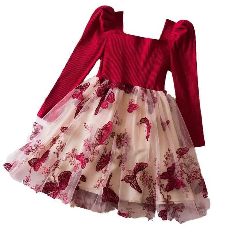 Autumn and Winter Girls New Butterfly Embroidered Mesh Long Sleeve Princess Dress Christmas Birthday Par Red DressXJ241206