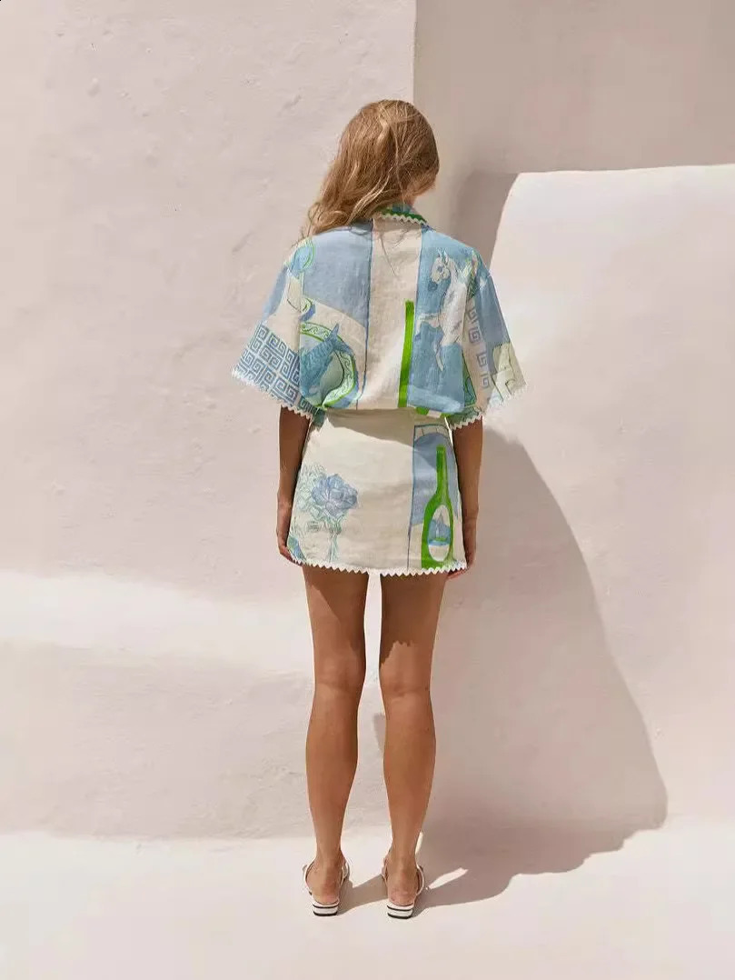 Vintage Print Casual Shirts Loose Women Tops and Mini Skirts Suit 2024 Elegant Fashion 2 Piece Sets Female Chic Outfits Trend 241205