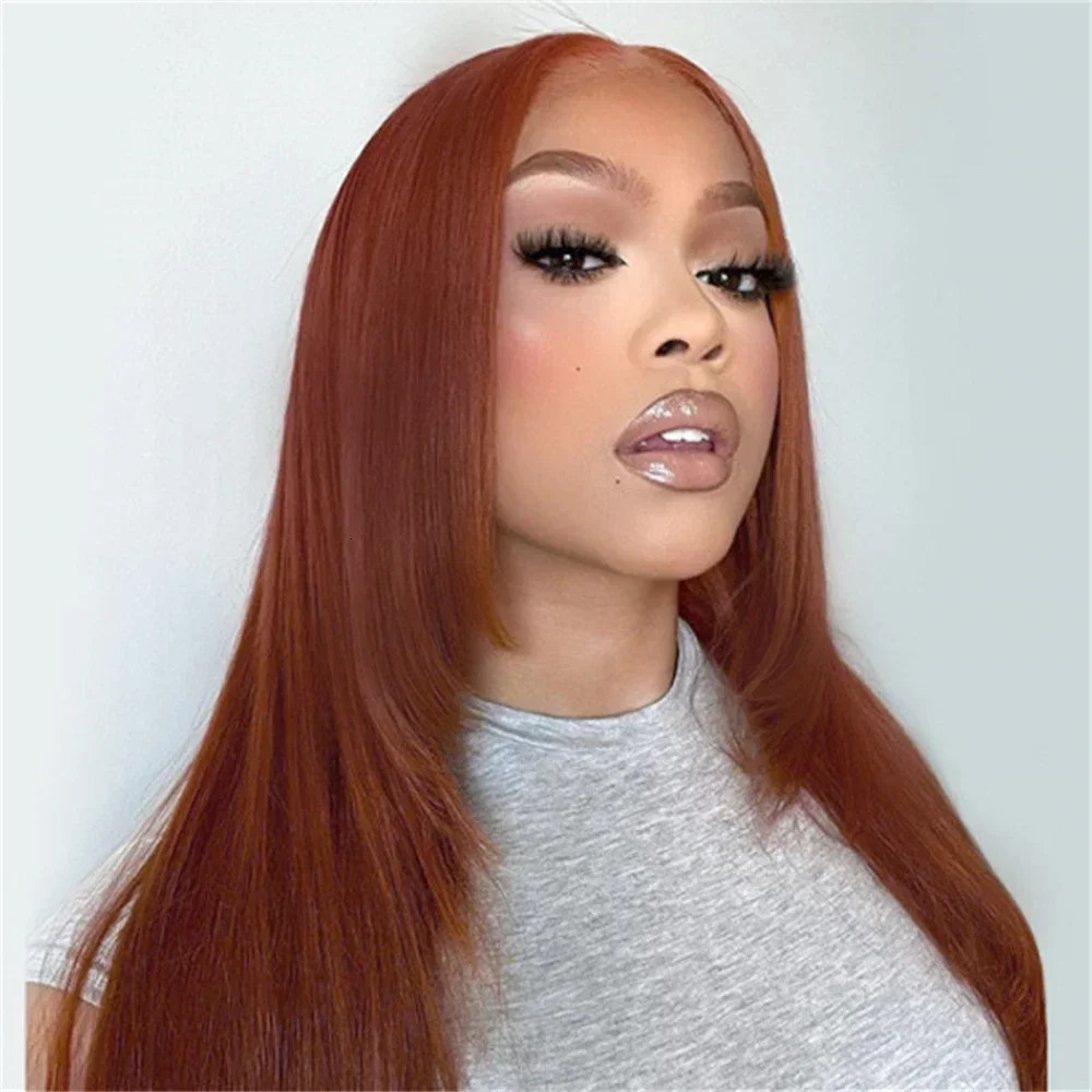 Reddish Brown Copper Red Synthetic Front Wigs For Black Women Layered Cut Glueless Straight Lace Wig
