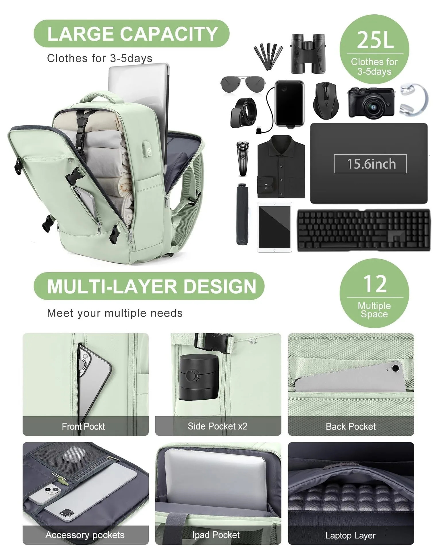 Large Travel Laptop Bag Women Men Carry On Luggage Students Business Trip USB Charge Extendible 40L Weekender Mochila 241206