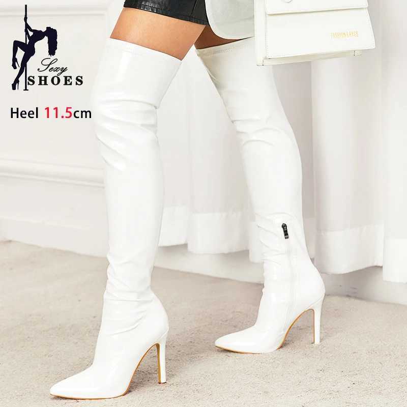 High Quality Sexy Thick Boots Womens Elastic Leather Fi Dot Stiletto Shoes Warm Over the Knee Boots Fetish Model T-show H 42 T241206