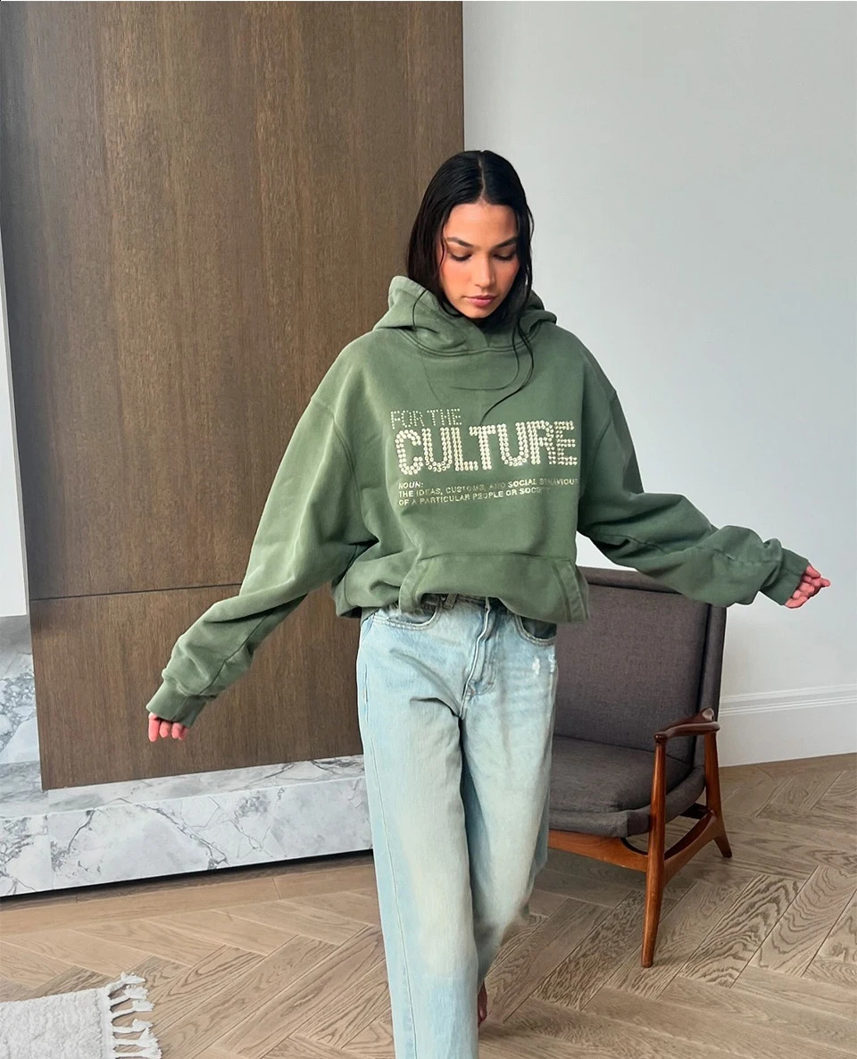 Y2K Rhinestone letter Fashion Green Winter pullover Hoodies Women Gothic Oversized Sweatshirts Female Retro Harajuku Hooded 241203