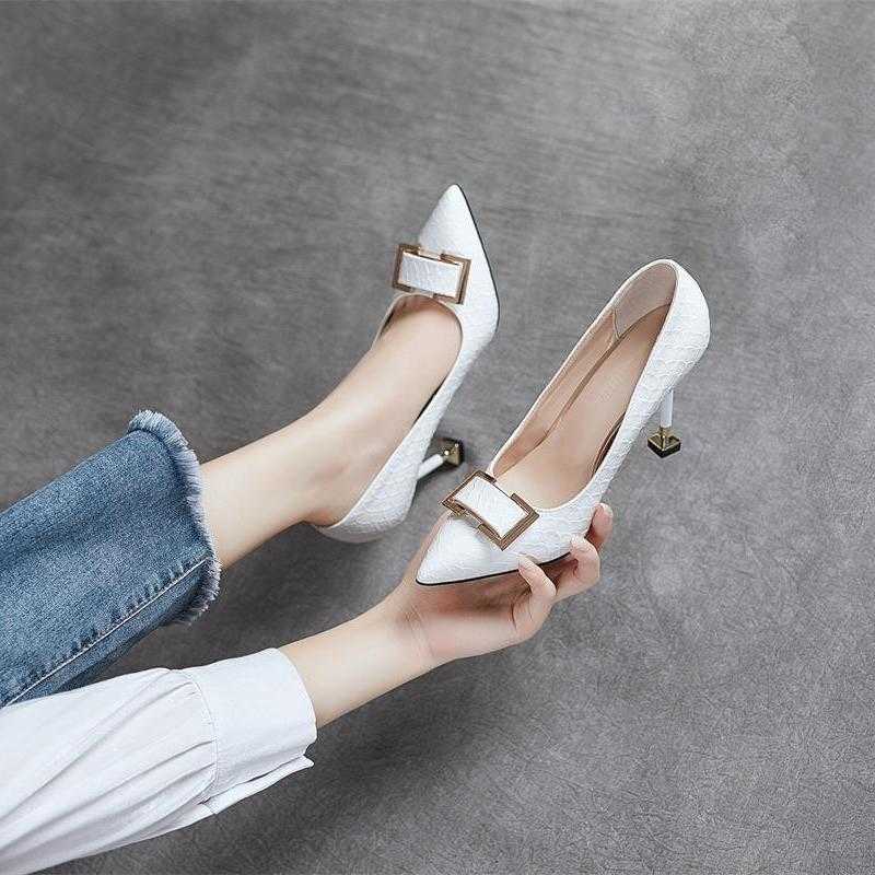 Heart Orchid Snake Pattern Buckle Thin Heel Solid Color Sexy High Heels Womens Daily Commuting Work Shoes Plus Large Size Fat Feet