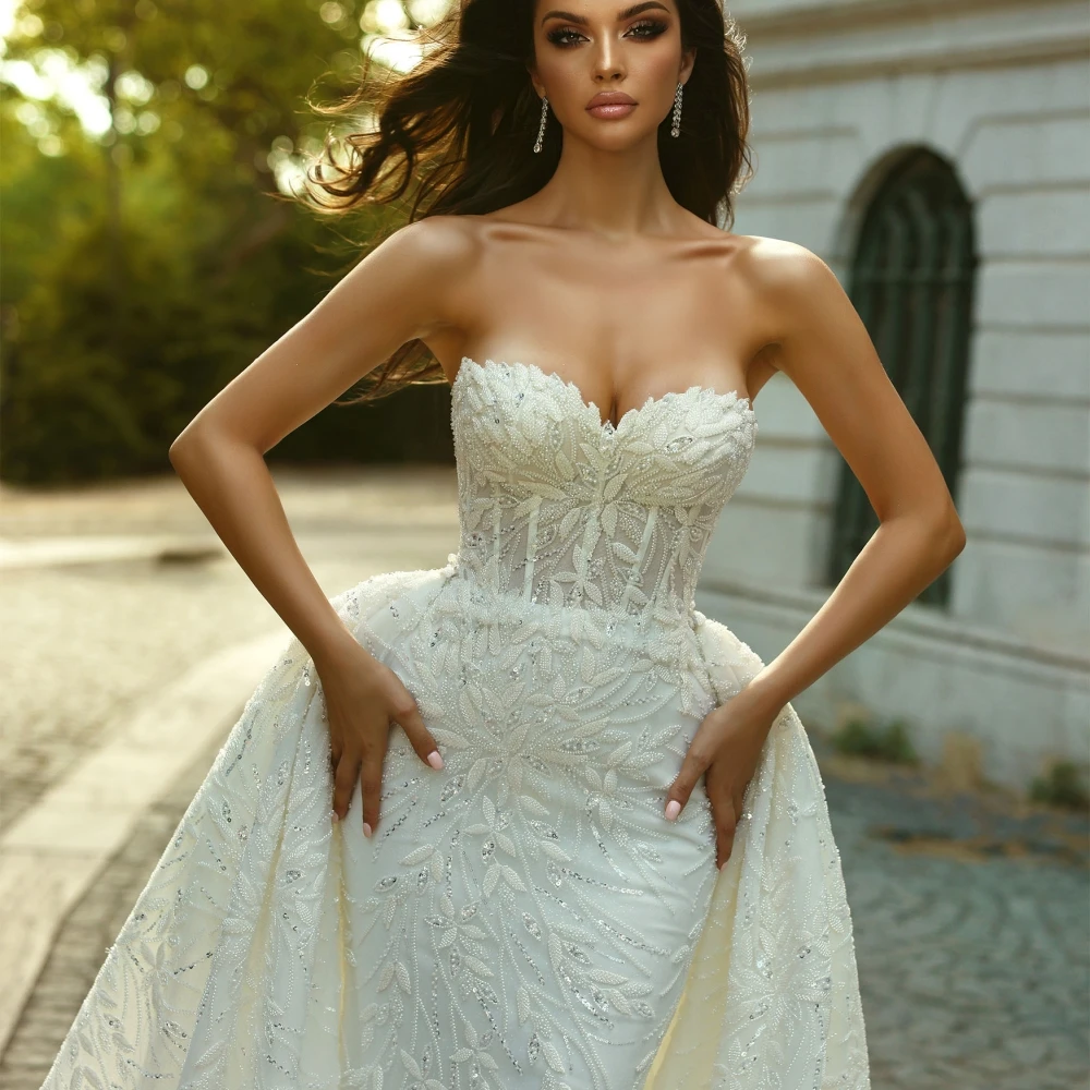Romantic Sweetheart Neck Bridal Dress Sparkly Beads Sequins Wedding Gown Mermaid Detachable Train Long Bride Robe Vestido De Novia