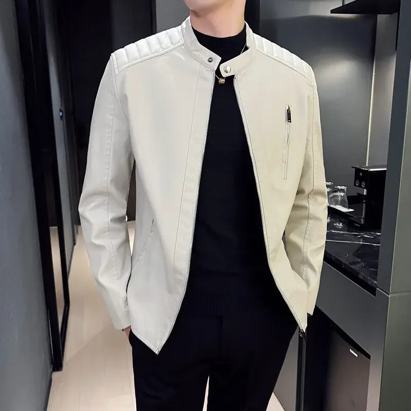 Spring and Autumn Mens Motorcycle Leather Jacket Casual Stand Collar Solid Color White Black Zip Up PU Coat 251015