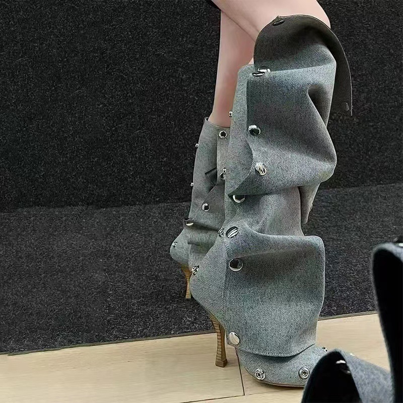 Pointed Toe Fold Knee High Boots Fashion Buckle Stiletto Heels Hot Pink Spring Sexy Girl Wrinkles Party Dress Shoes