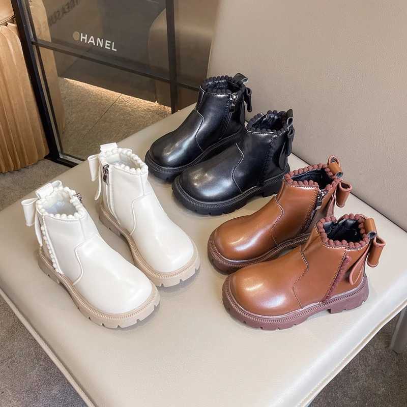 2024 Children Leather Plush Boots for Girls Winter New Fashion Korean Sle Soft Bottom Anti-slippery Versatile Chic Zip ShoesXJ241206