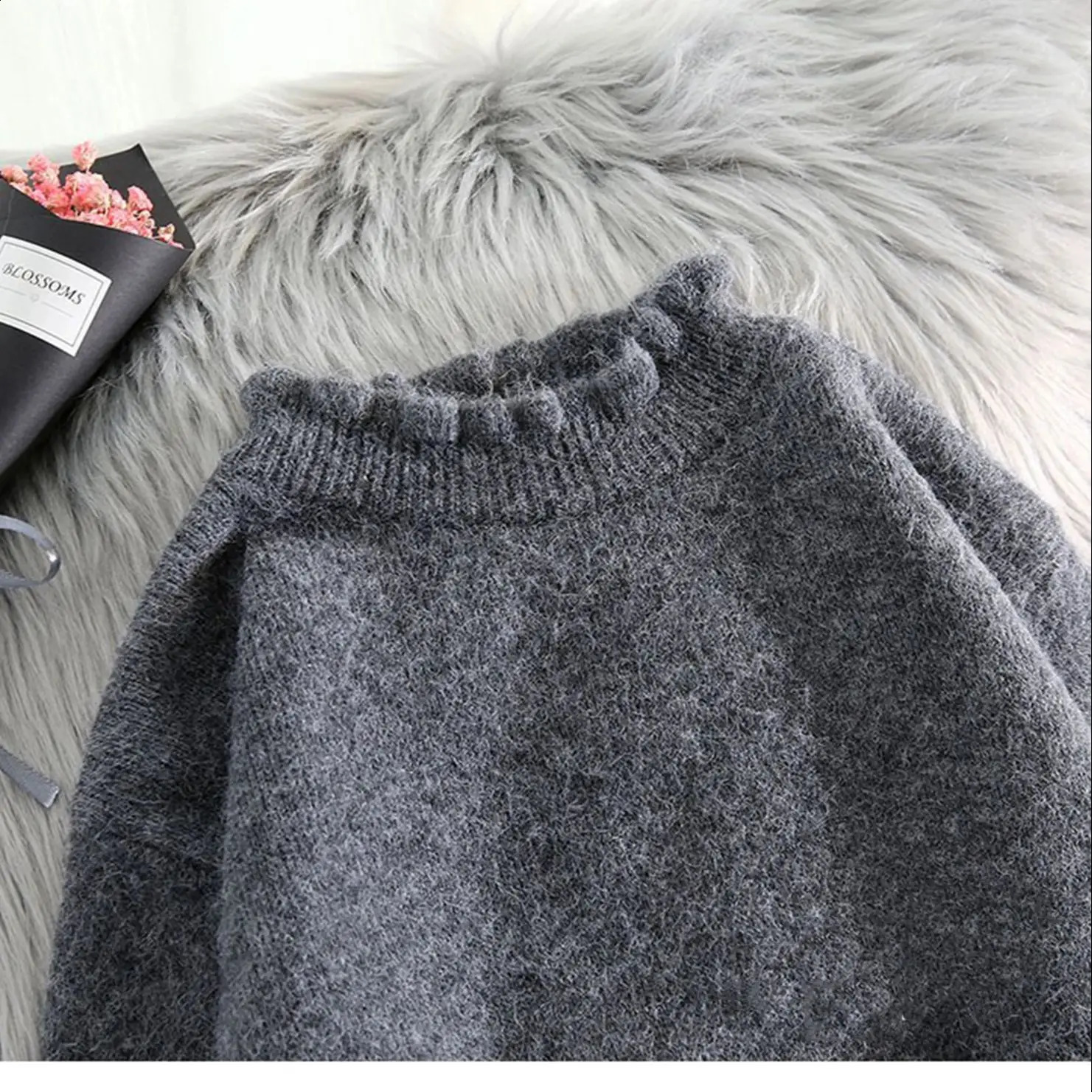 Lace Patchwork Knitted Sweater Dres Autumn Winter Korean Half High Collar Thick Mid Dress Solid Loose Versatile Pullover 241205