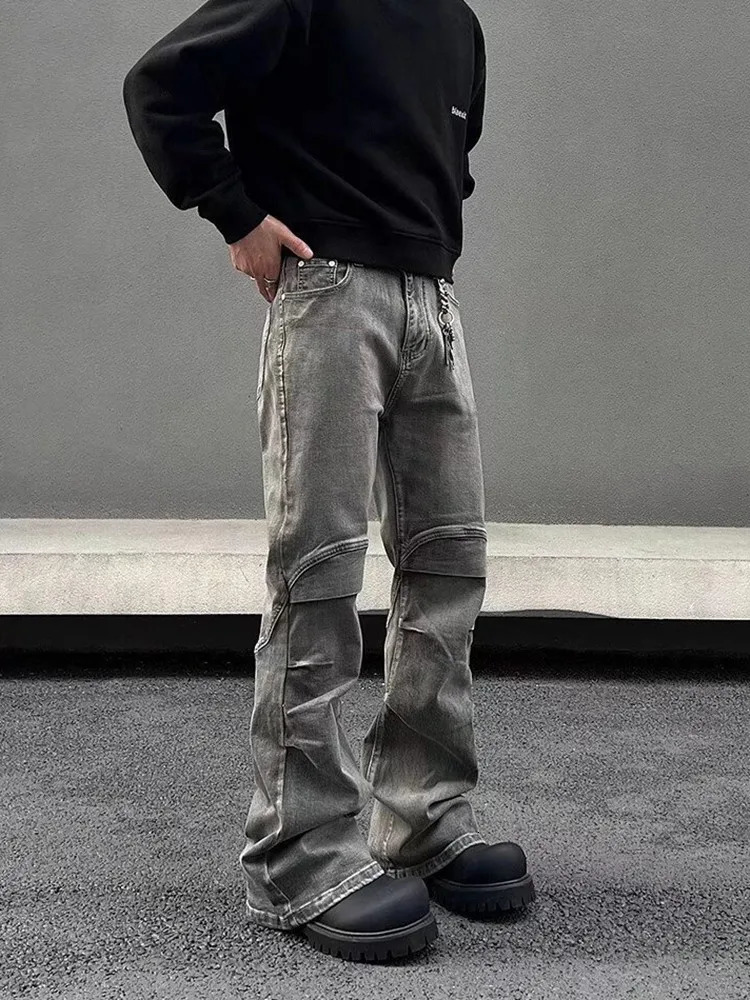2024 Ropa Y2K Streetwear Vintage Grey Pleated Flare Jeans Pants For Men er Clothes Old Harajuku Goth Long Trousers 241206