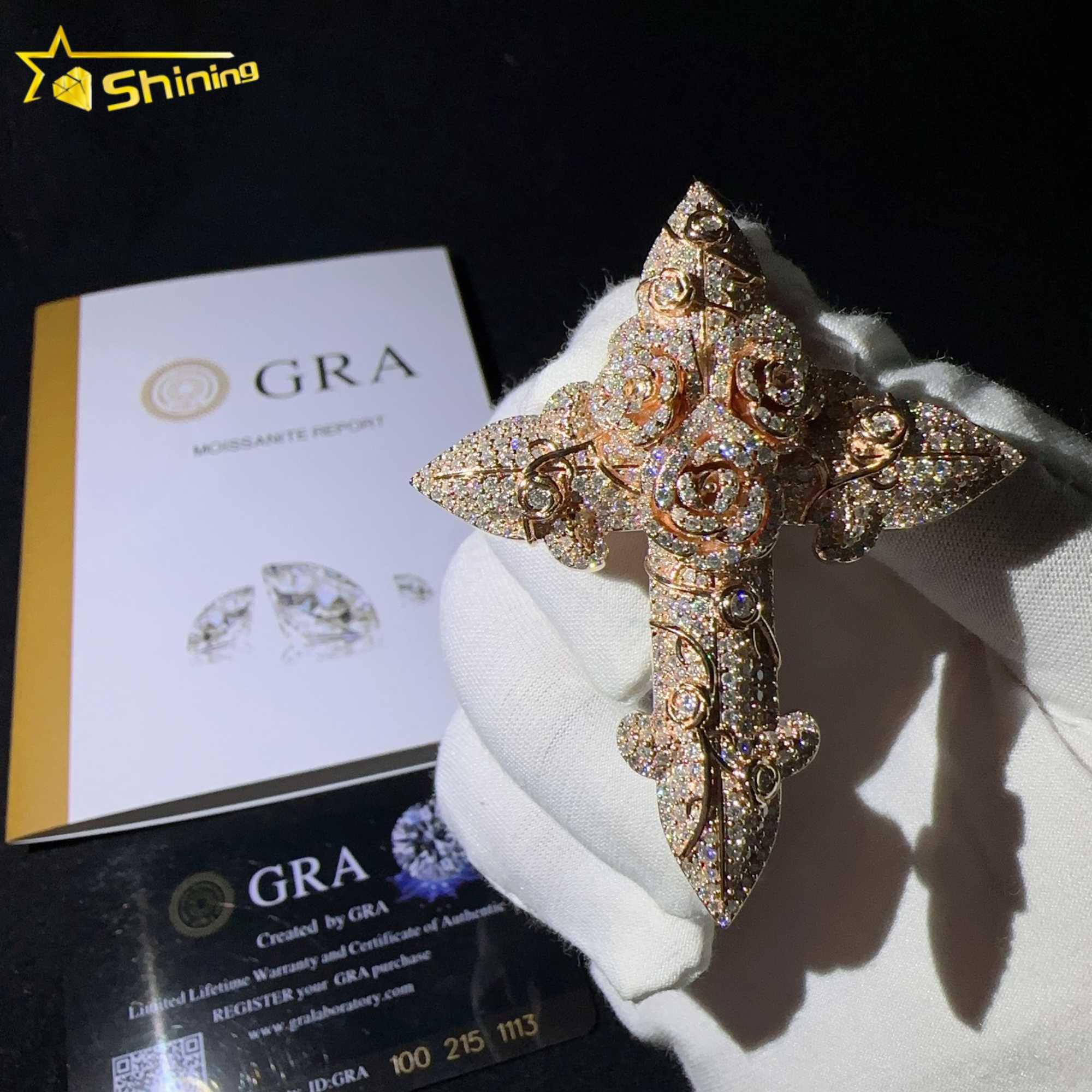 Sterling silver 925 custom pendants vvs moissanite lab diamond hip hop iced out flower rose gold cross pendant
