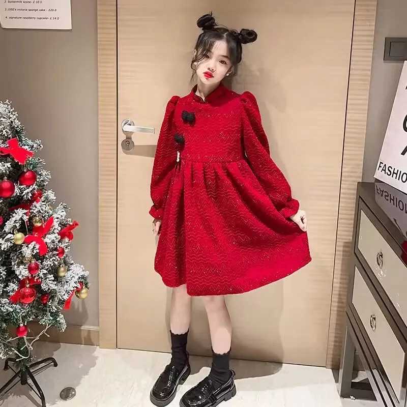 2024 autumn winter Kids Girls solid retro red Cheongsam Qipao Princess Teens New Year Dresses wool velvet Clothes 8 10 12 yearXJ241206