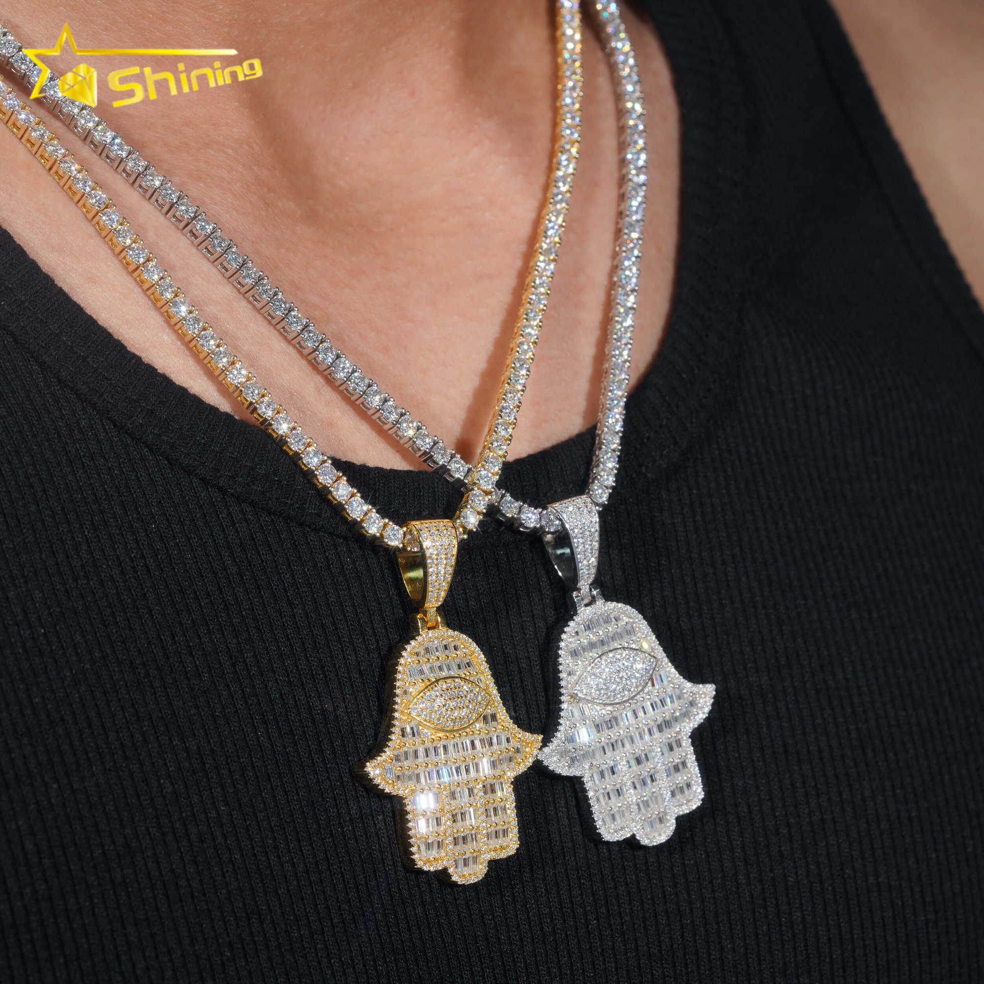 Pass Diamond Tester Baguette Moissanite Hamsa pendant 925 sterling silver GRA moissanite iced out diamond Jewelry Ready To Ship