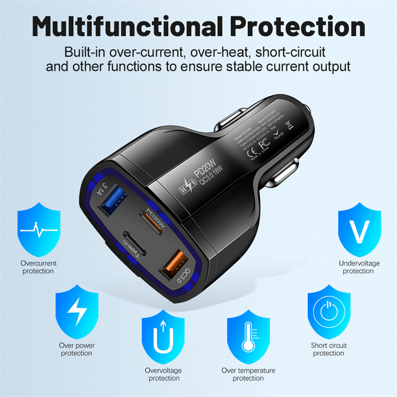 4 in 1 Car Quick Charger PD 20W 2USB+2PD Car Power Adapter USB Tyoe C Car Cigarette Lighter Charger 12-30V for iPhone 16 15 14 Huawei Samsung