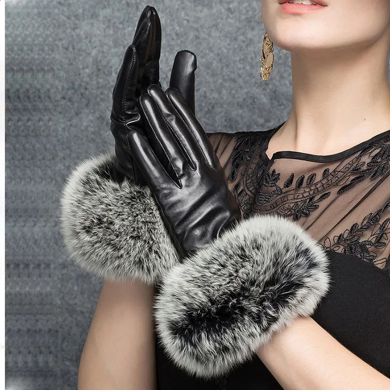 leather gloves with real fox fur womens fashion winter red hands warm black gloves driving mature fur gloves 241206