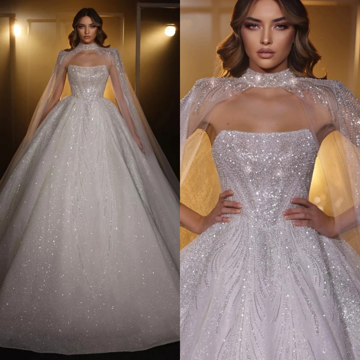Sexy Strapless Backless Bridal Dress Sparkly Sequins Pearls Wedding Organza Ball Gown Bride Robe Vestido De Novia