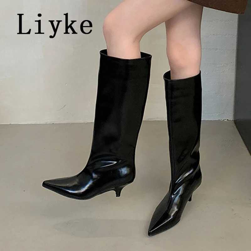 High Quality Liyke Winter Street Style Cosy Pointed Toe Wan Knee High Boots Slip Low Thin H Shoes Fem Lg Boots Zapatos MUJI T241206