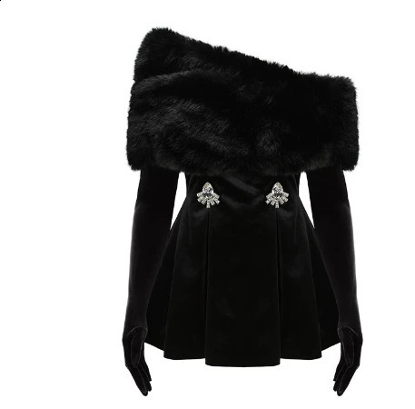 Womens Dress 2024 Spring/Summer Red Velvet Diamond Decorative Shoulders Detachable Fur Collar Dress 241206bj