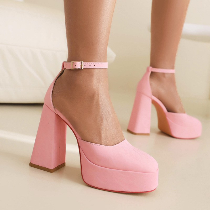 Summer Sliver Pink Retro Block 12Cm High-Heeled Ladies Buckle Strap Platform Sandals Orange Black Cover Heels Women Shoes Party