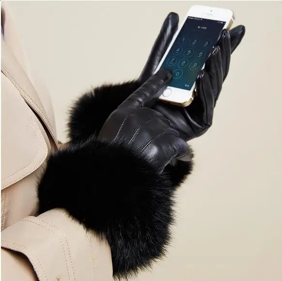 Leather gloves for womens winter cashmere touch screen leather gloves for womens real rabbit fur rabbit hair gloves HP513-02 241206